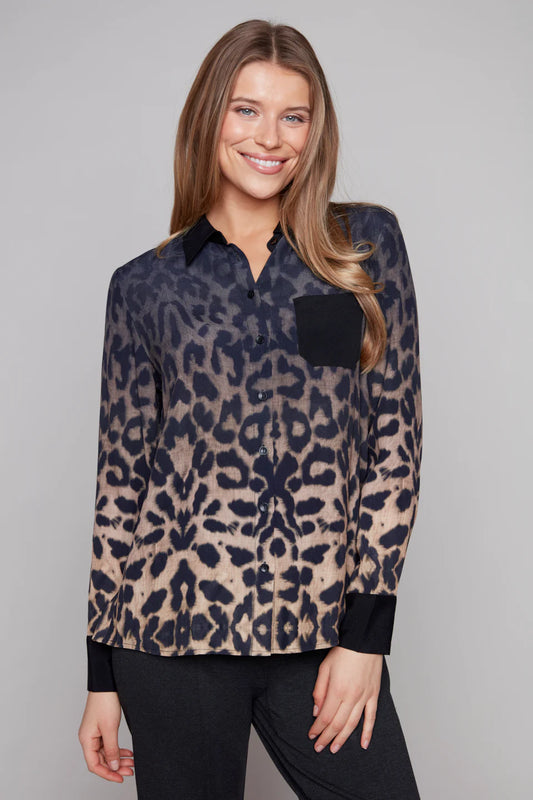 Carré Noir - Satin Animal Print Button-Up Blouse