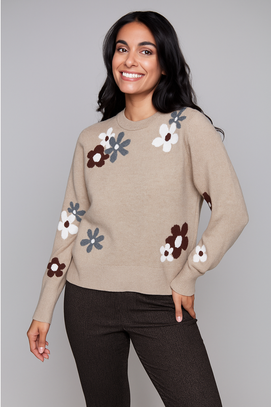 Carré Noir - Knit Sweater with Floral Detail, Heathered Oat