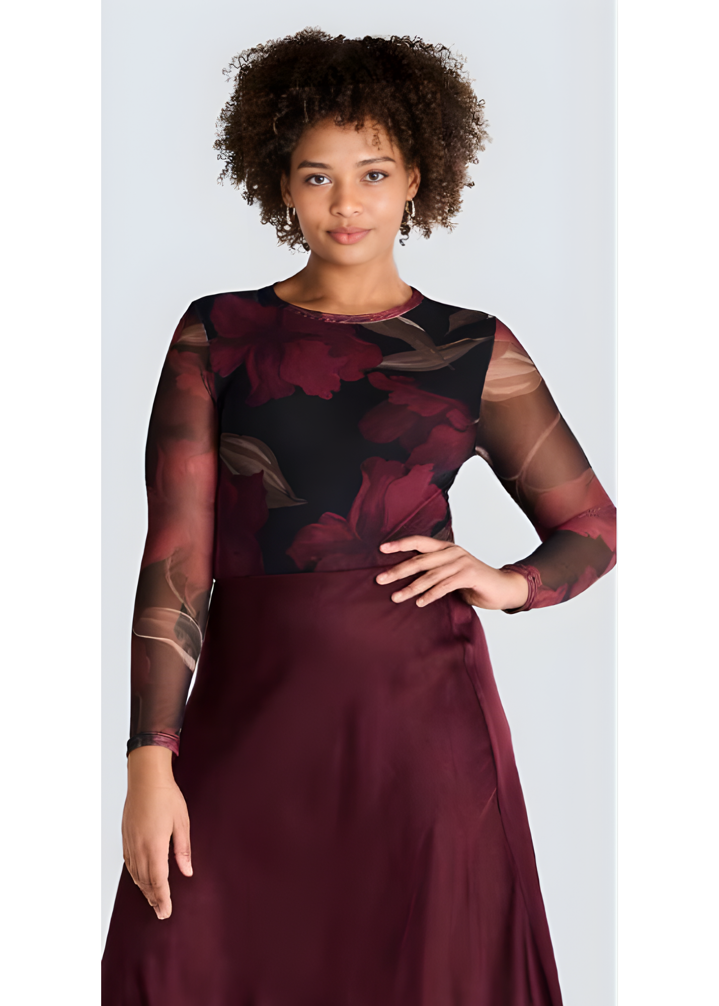 Jessica Laura sheer burgundy floral blouse with long sleeves and soft draped fit.