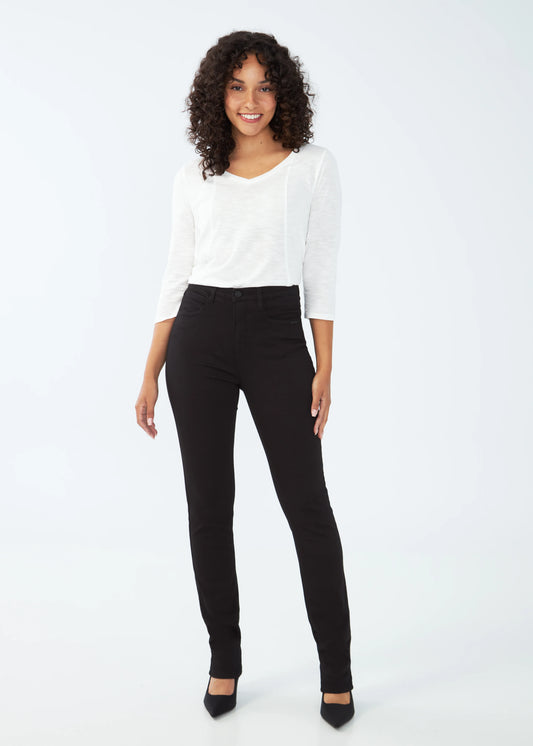 Model wearing black FDJ Petite Suzanne Straight Leg Jeans for women, Gayle’s Fashions boutique Canada.