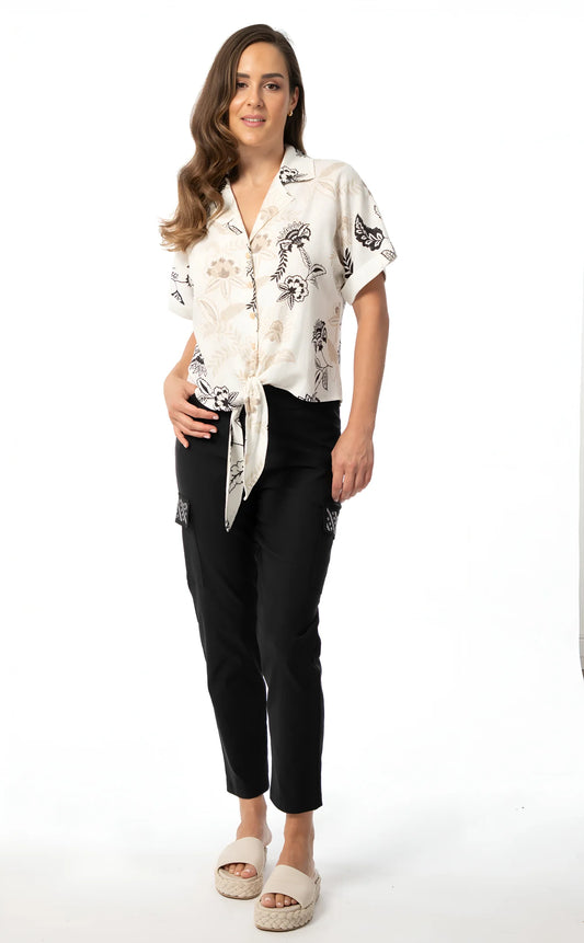 Bali – Short Sleeve Button-Up Tie Blouse (Cream) - Gayle's Fashions