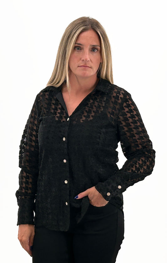 Orly - Velvet Houndstooth Blouse in Black