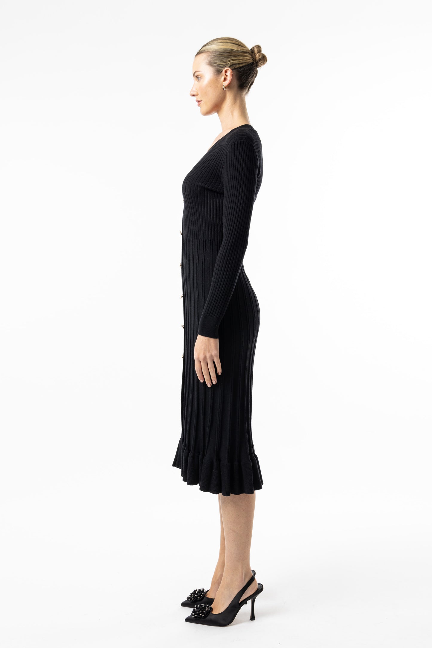 Angeleye - Black Knit Button Midi Dress with Ruffle Hem