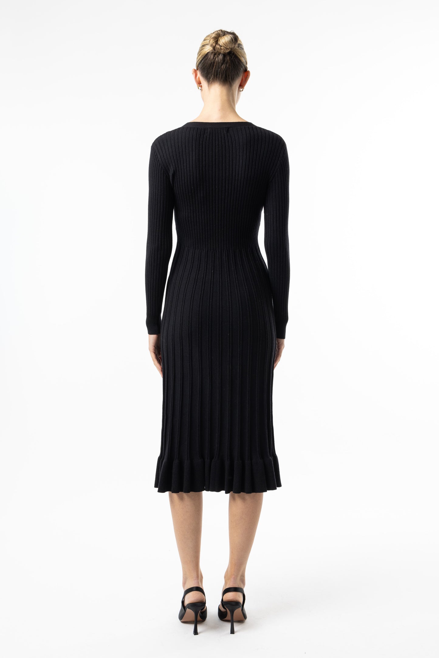 Angeleye - Black Knit Button Midi Dress with Ruffle Hem