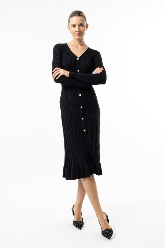 Angeleye - Black Knit Button Midi Dress with Ruffle Hem