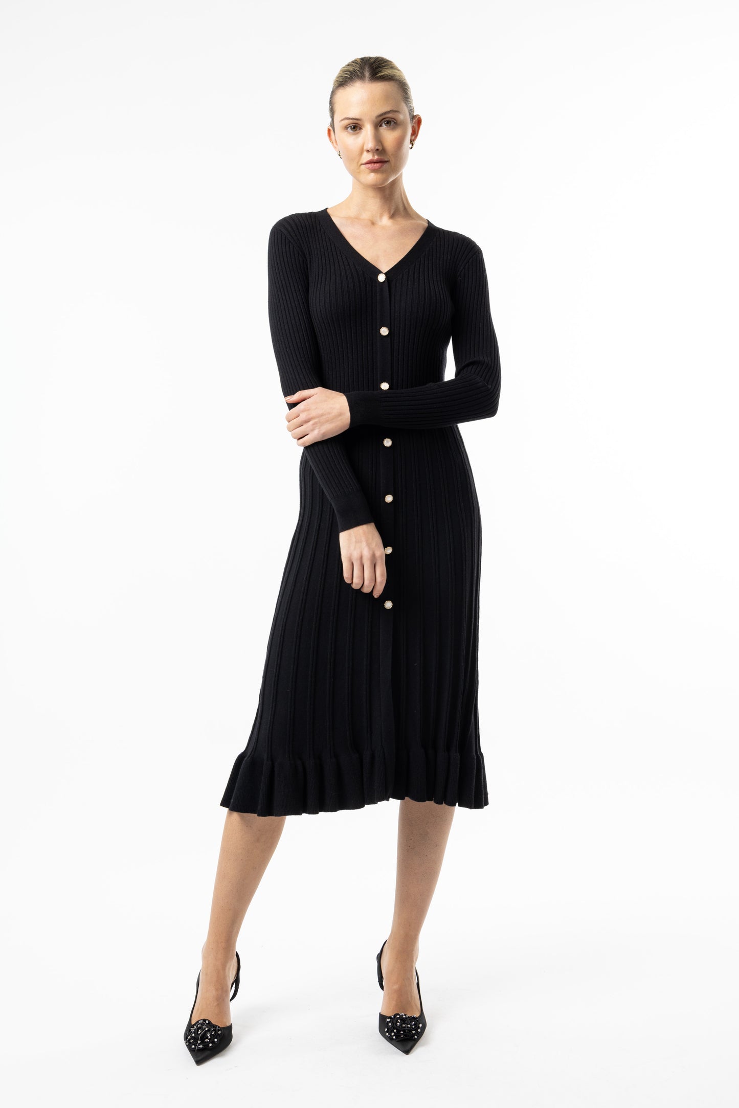 Angeleye - Black Knit Button Midi Dress with Ruffle Hem