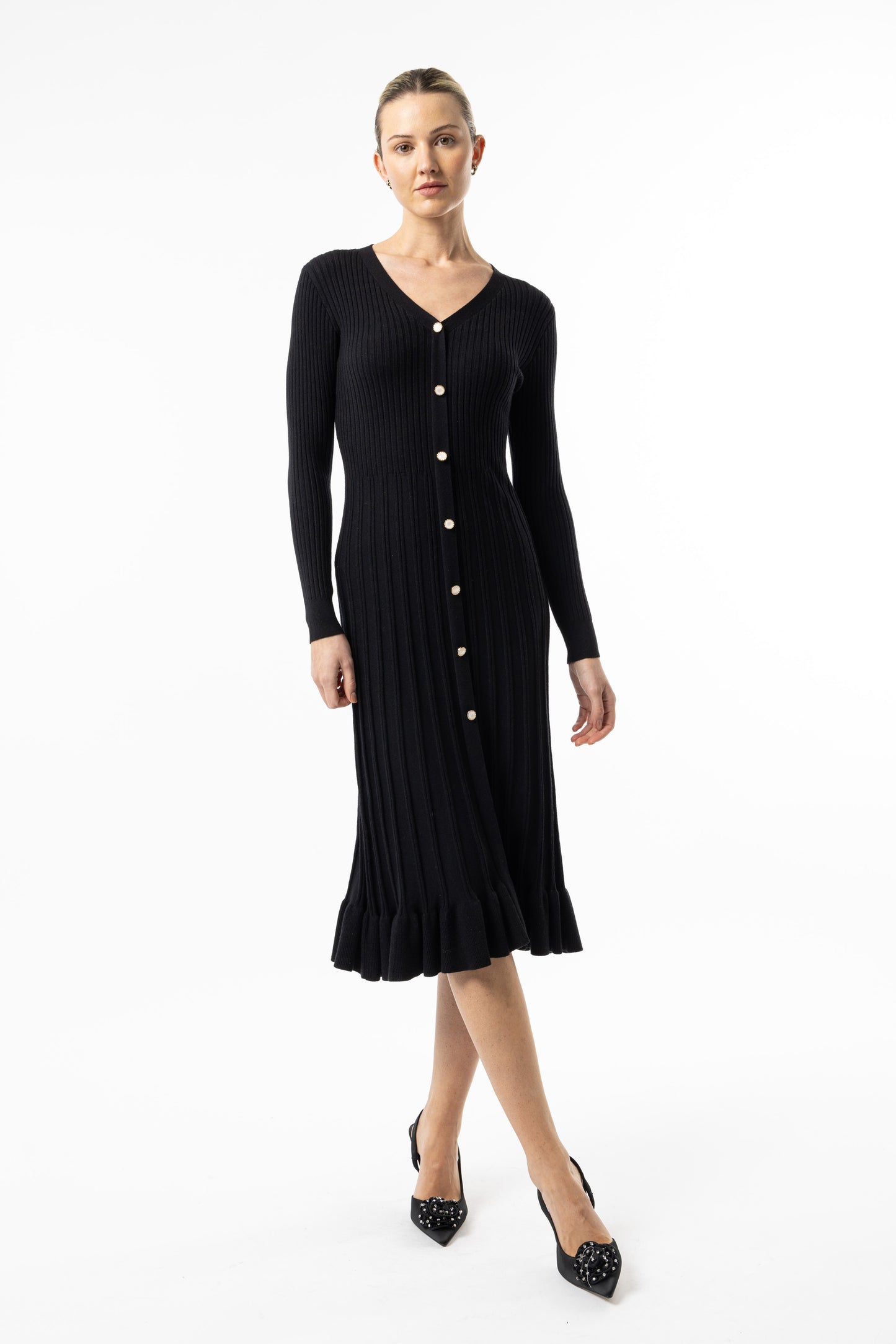 Angeleye - Black Knit Button Midi Dress with Ruffle Hem