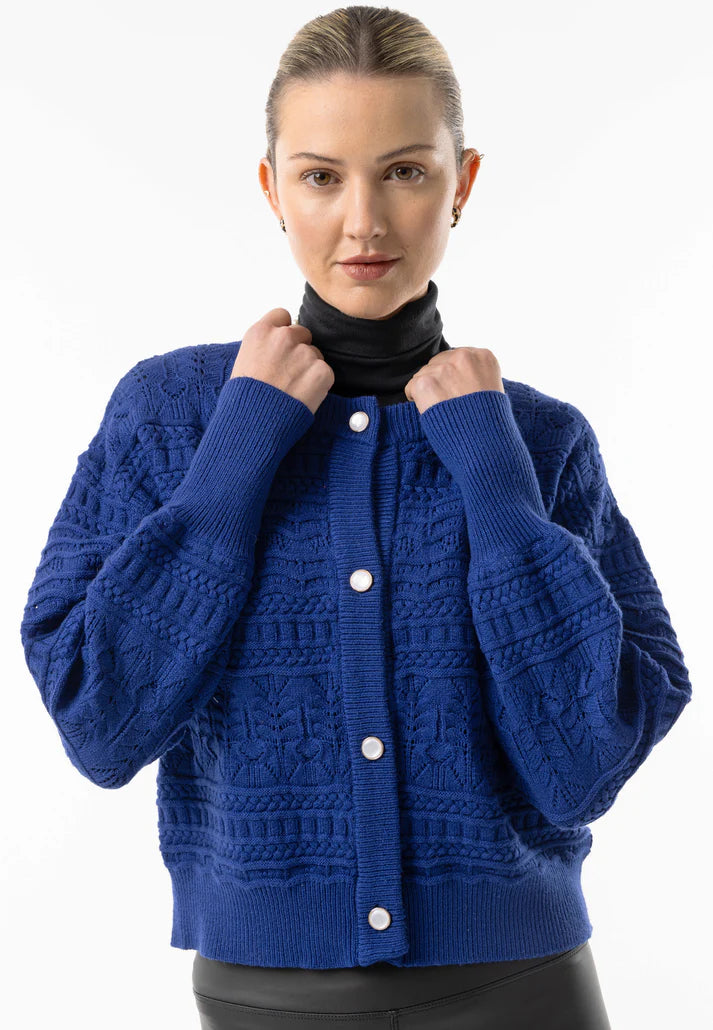 Angeleye - Cable Knit Crew Button Cardigan in Navy