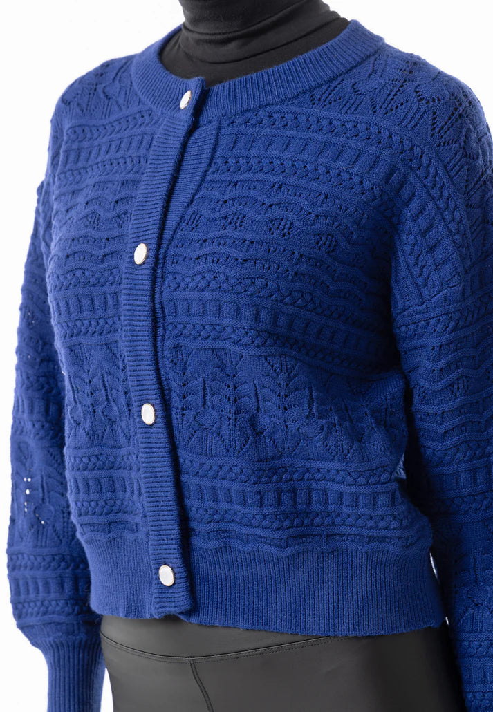 Angeleye - Cable Knit Crew Button Cardigan in Navy