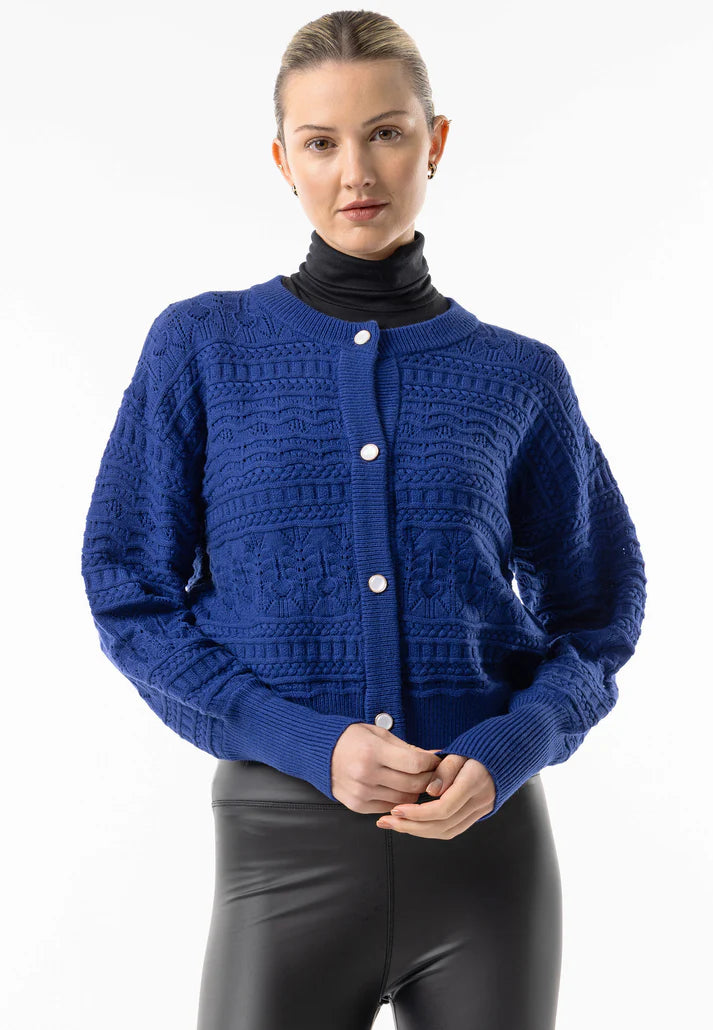 Angeleye - Cable Knit Crew Button Cardigan in Navy