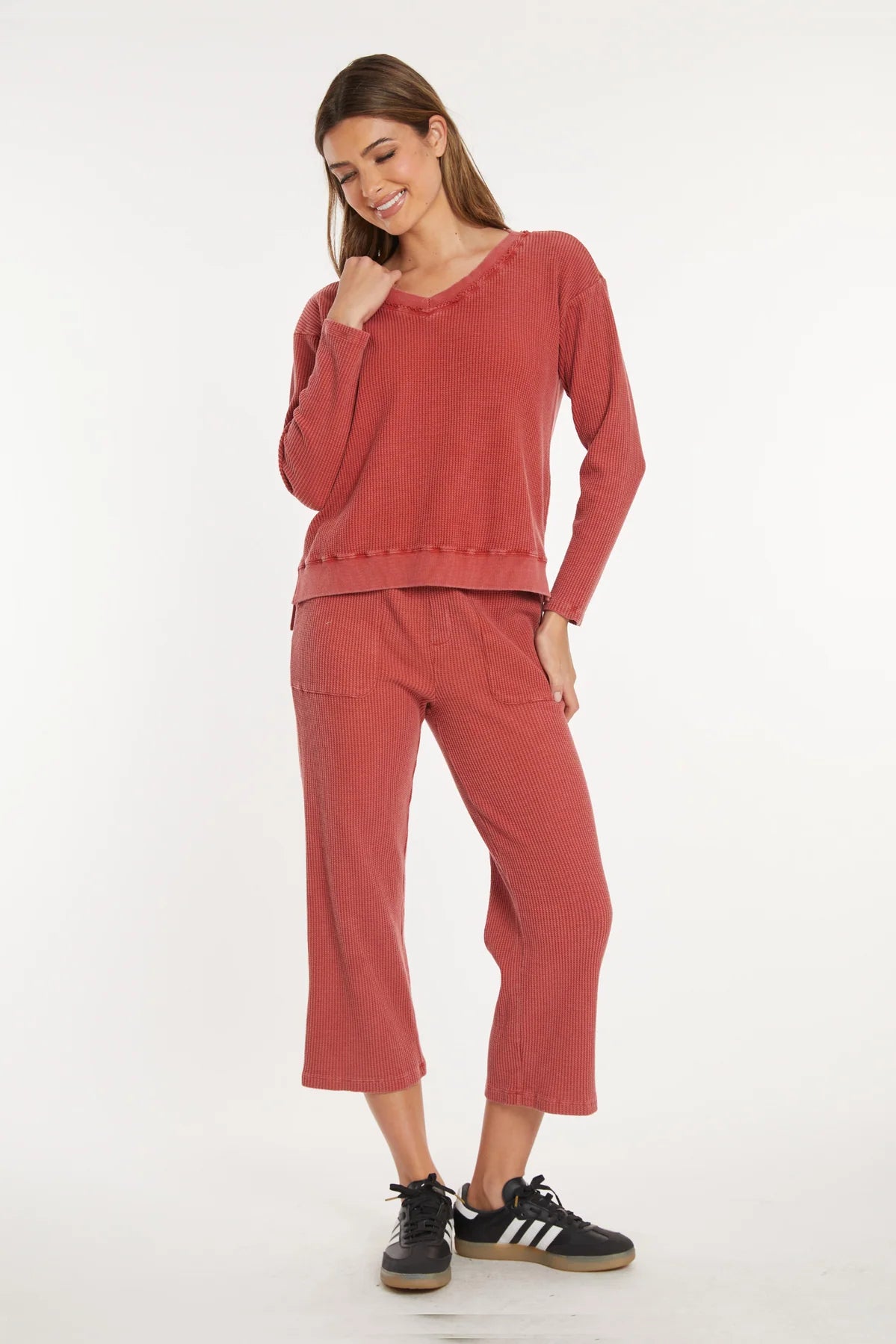 Mododoc - Open Neck Waffle Long Sleeve Top, Spiced Cider