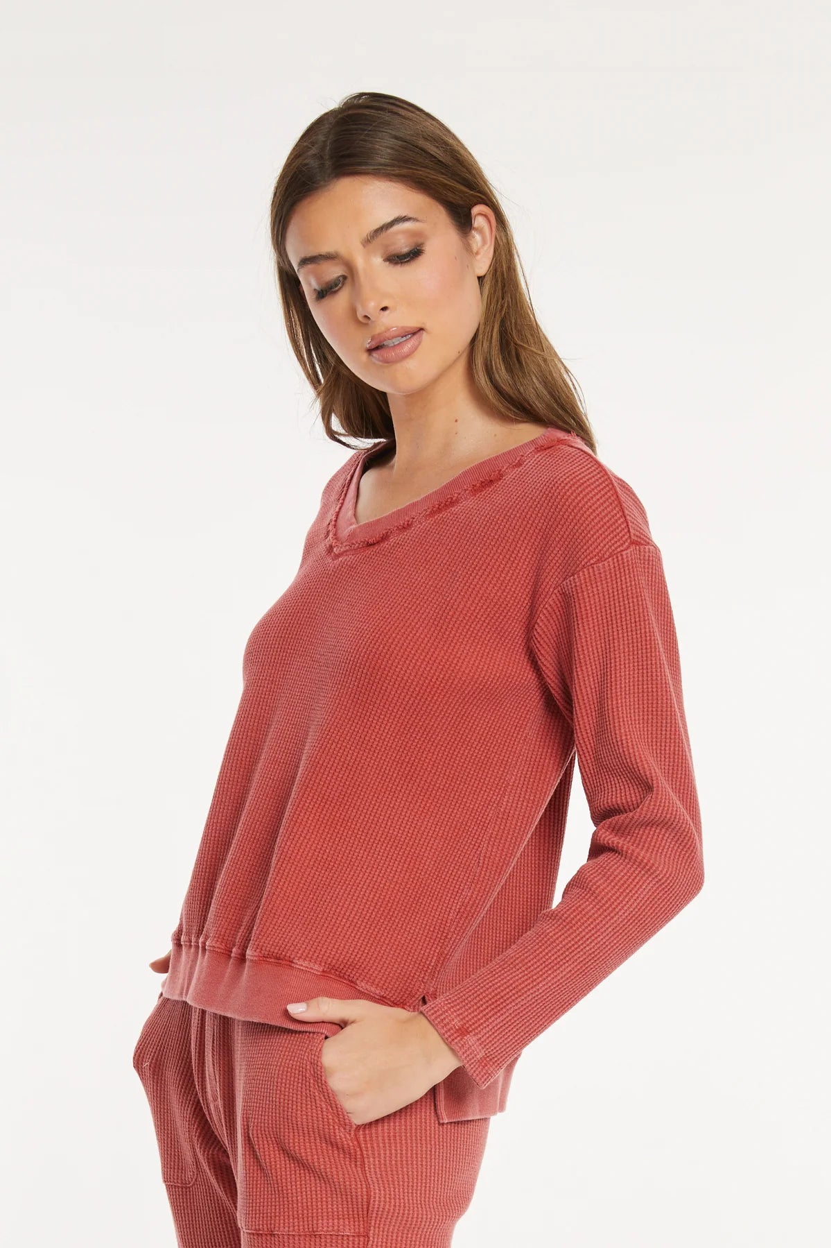 Mododoc - Open Neck Waffle Long Sleeve Top, Spiced Cider