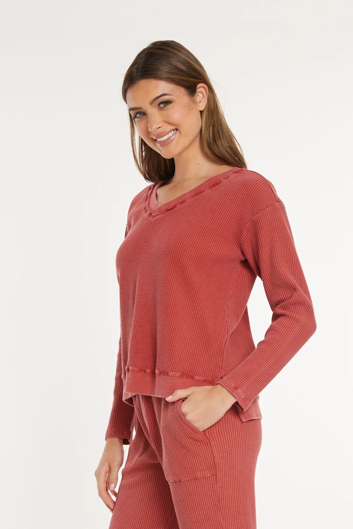 Mododoc - Open Neck Waffle Long Sleeve Top, Spiced Cider