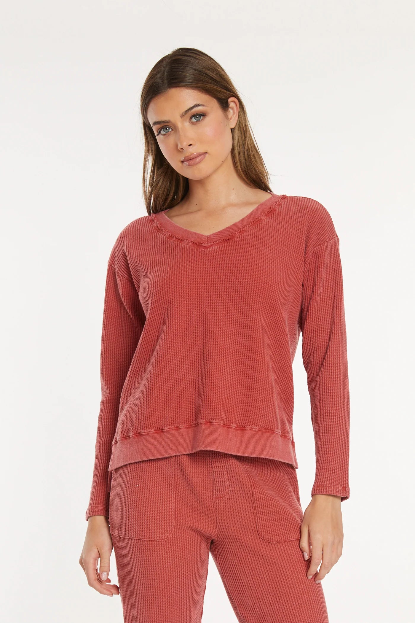 Mododoc - Open Neck Waffle Long Sleeve Top, Spiced Cider