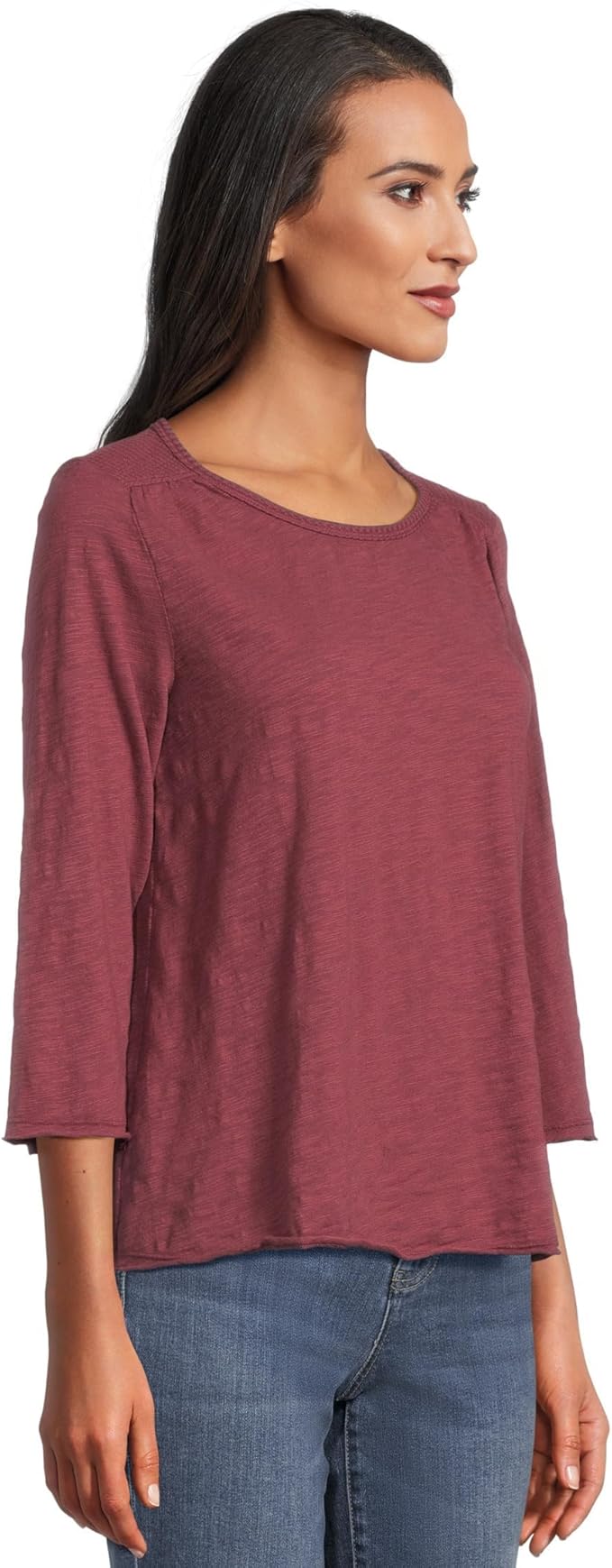 Mododoc - 3/4 Sleeve Waffle Mix Open Crew Tee, Zinfadel