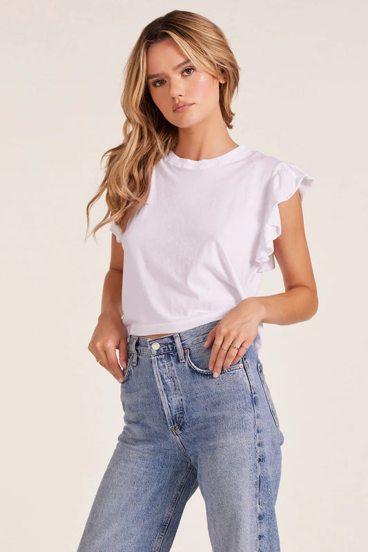 Model wearing the white cotton crop tee with flutter sleeves by Bobi.