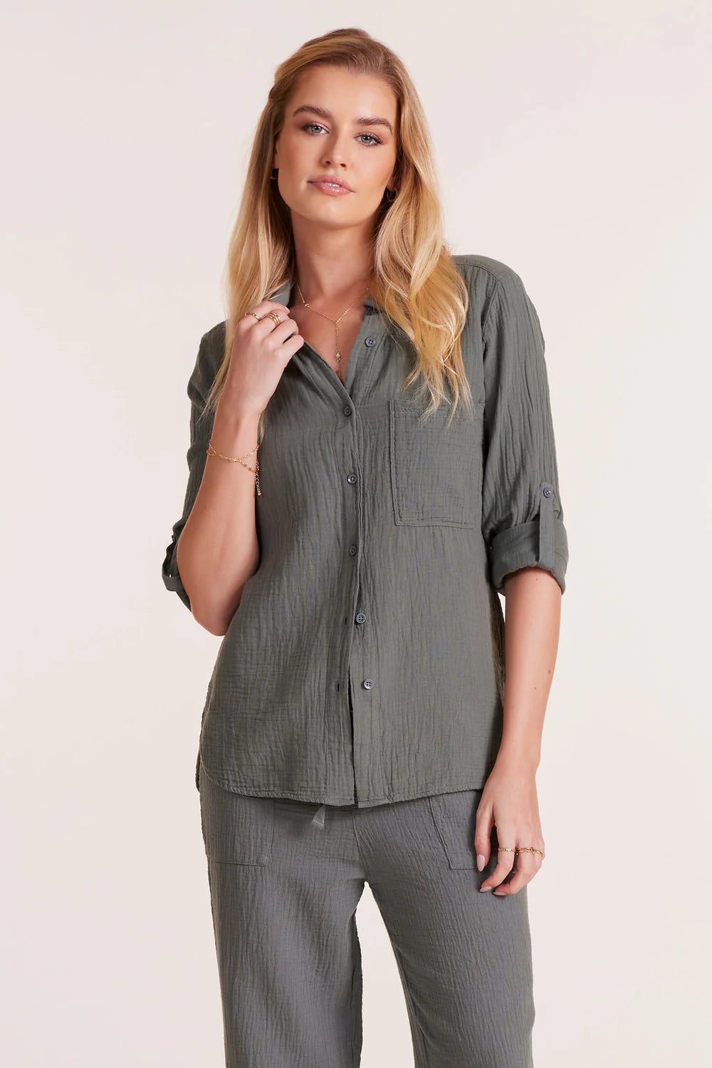 Bobi - Tab Sleeve Button Front Shirt