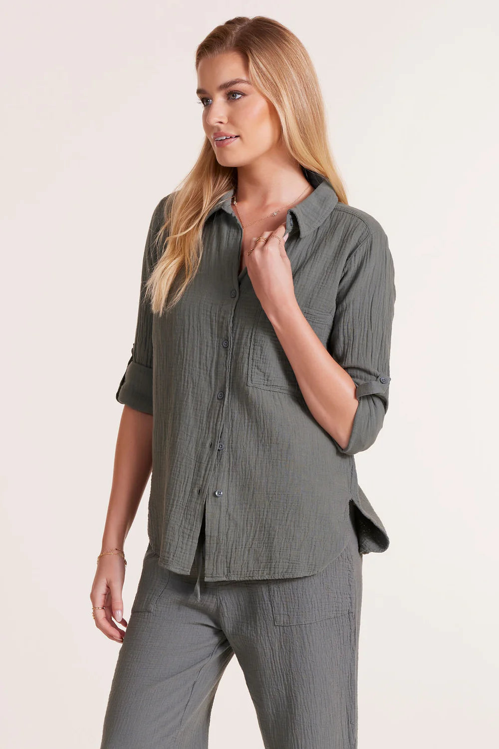 Bobi - Tab Sleeve Button Front Shirt