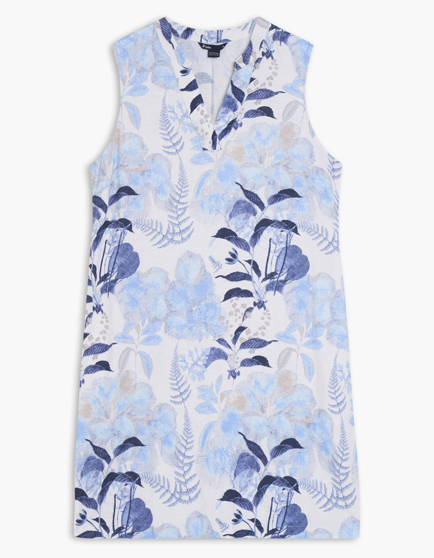 The CLARA Dress by Lois, a sleeveless dress with blue floral pattern on a white background.