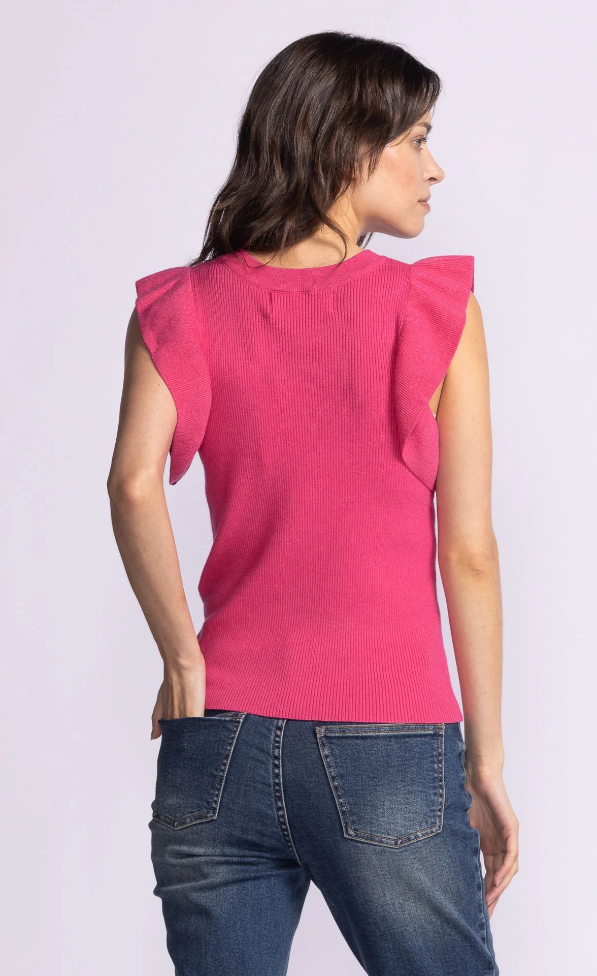 Back view of the Pink Martini Ruffle Sleeve Claudia Knit Top in fuschia, highlighting the ruffle shoulder detail and fitted silhouette.