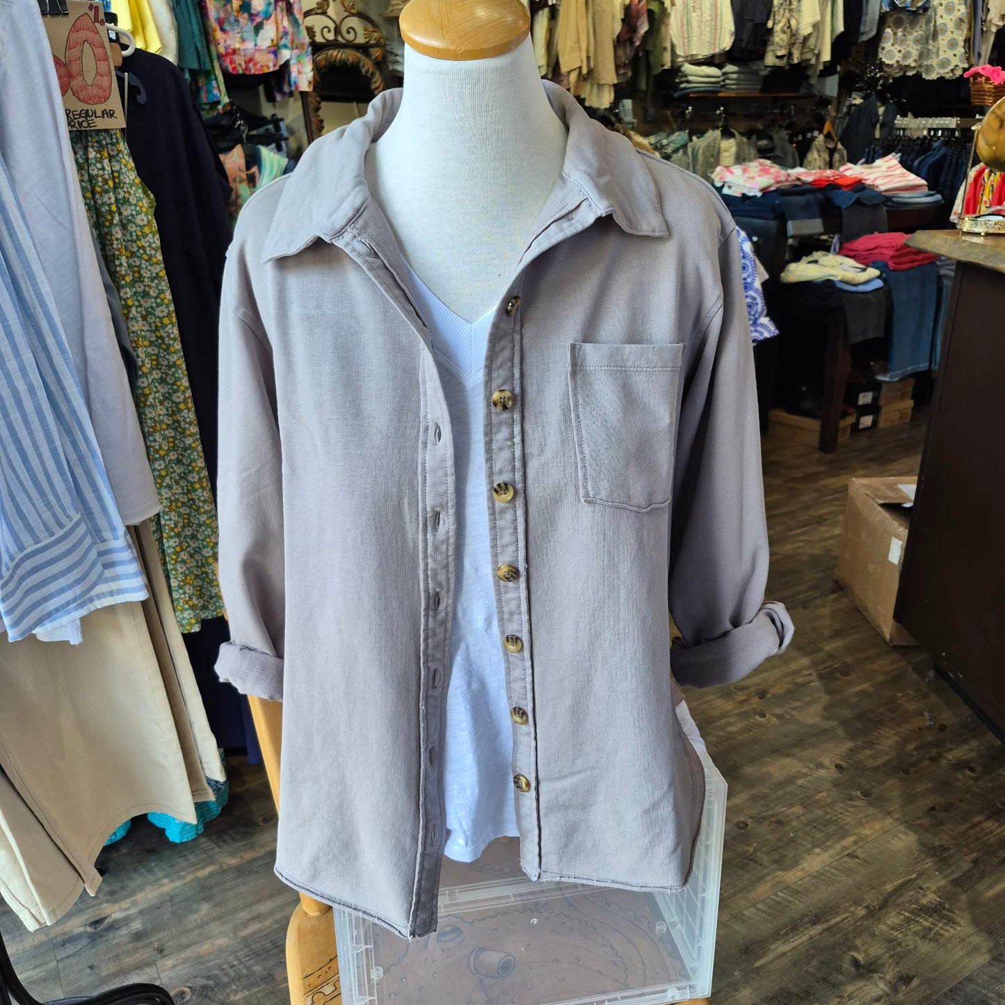 Mododoc – Long Sleeve Button Front Sweatshirt (Silver Frost)