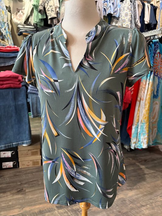Bali – Cap Sleeve V-Neck Top (Olive) - Gayle's Fashions