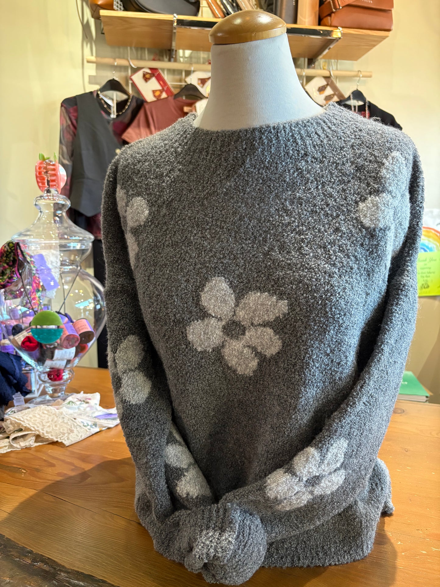 Jessica Laura – Boat Neck Knit Sweater with Flowers