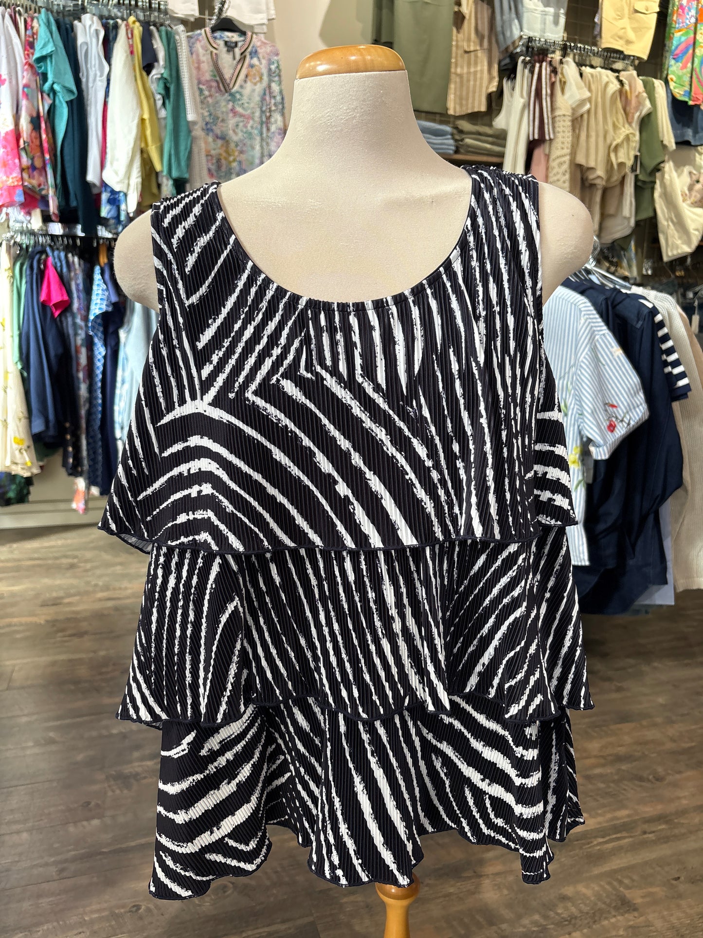 Orly – Flowy Layer Tank with Pleated Layers (Navy Stripes) - Gayle's Fashions