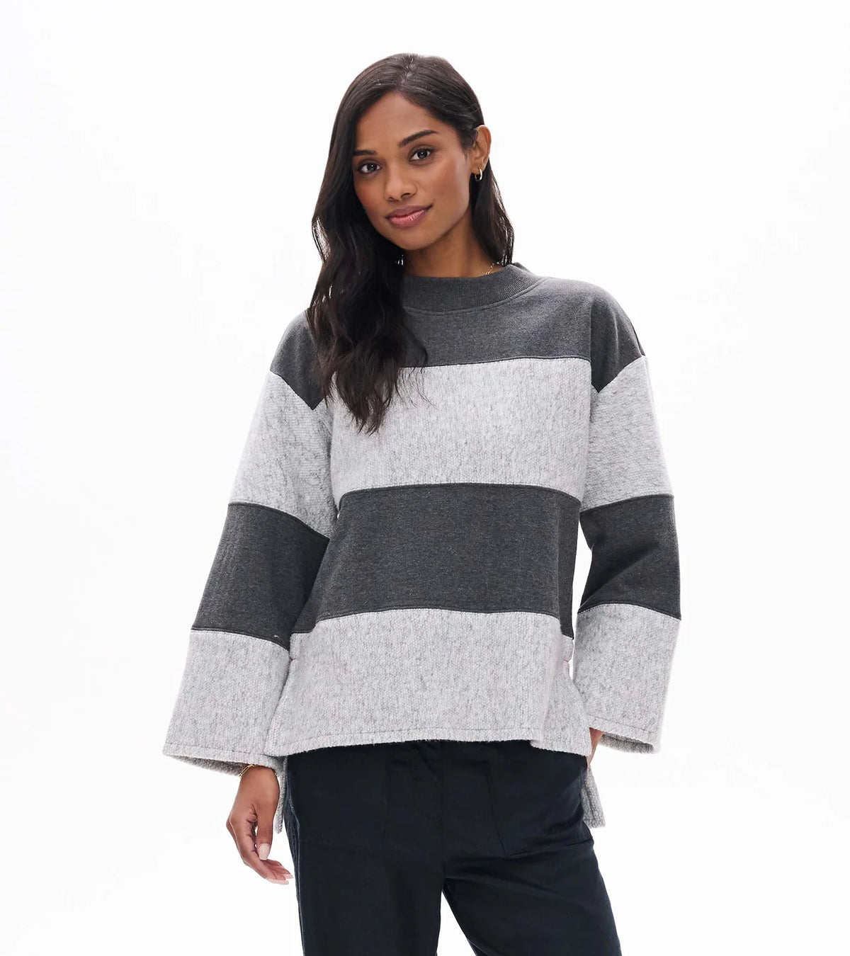Hatley - Textured Long Sleeve Top, Charcoal Stripes