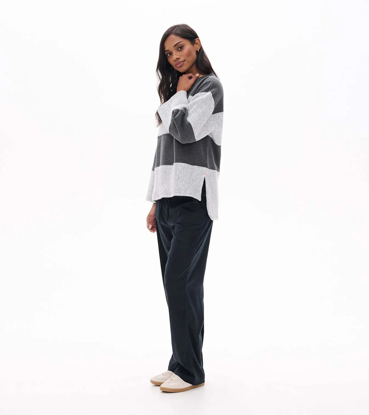 Hatley - Textured Long Sleeve Top, Charcoal Stripes