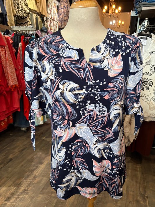 Bali – Short Sleeve Tie Sleeve Top with Feather Print (Blue Print) - Gayle's Fashions