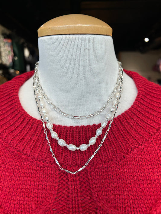 MERX - Triple Chain Silver Pearl Necklace