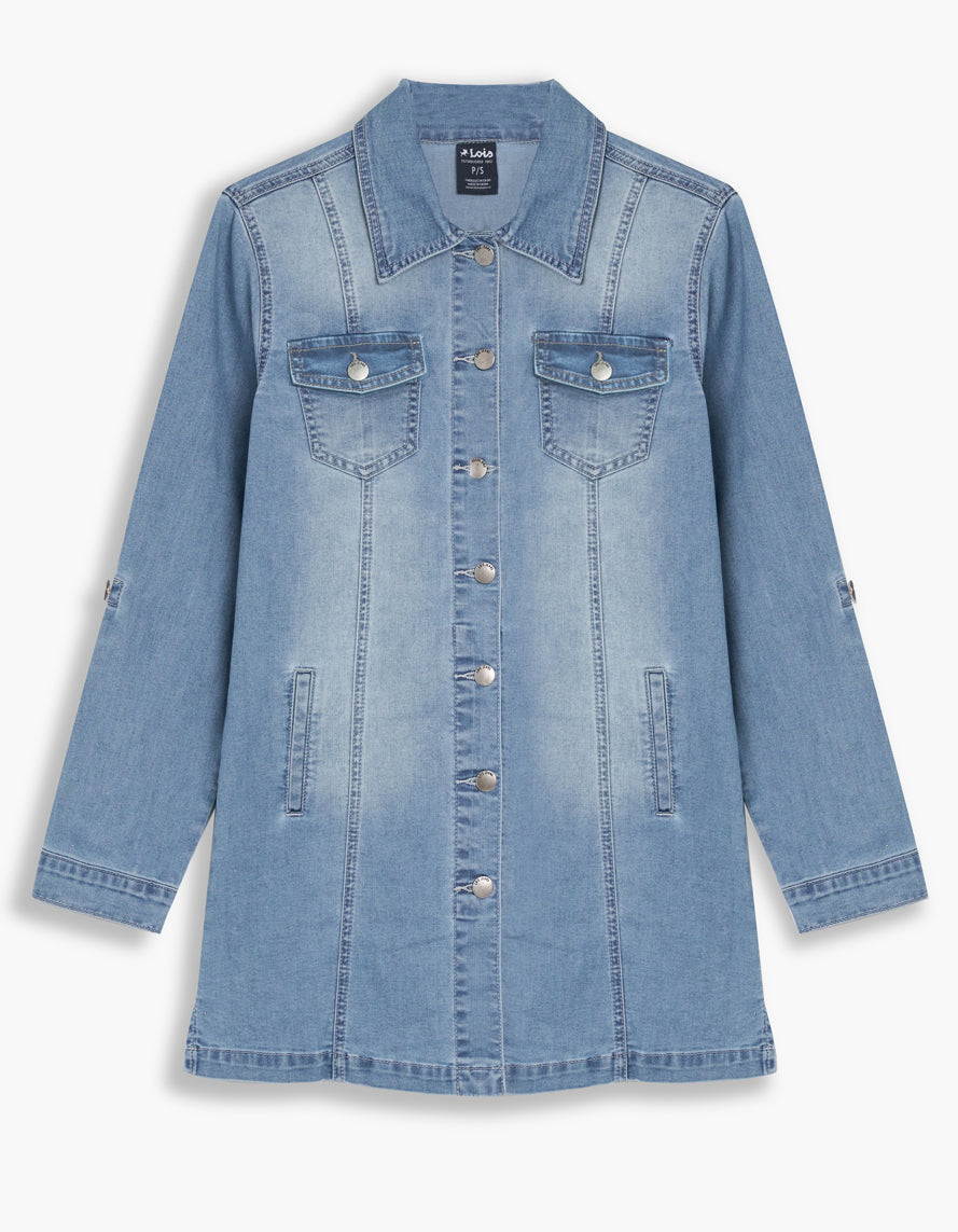 Lois – Anna Long Sleeve Long Jean Jacket (Bleach Blue) - Gayle's Fashions