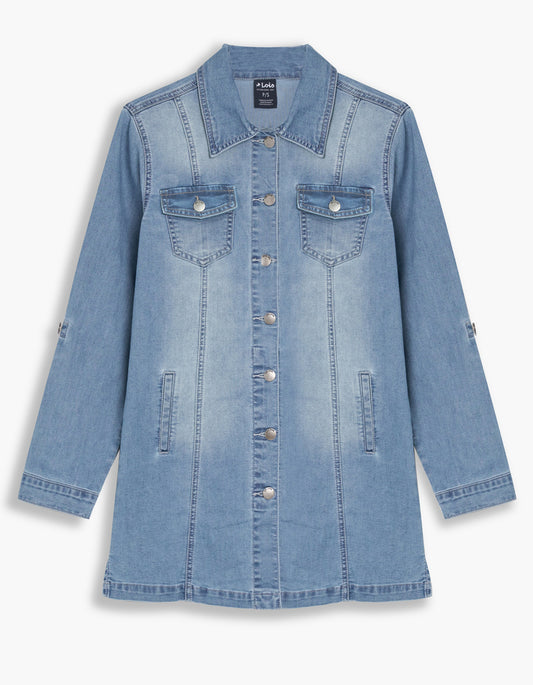 Lois – Anna Long Sleeve Long Jean Jacket (Bleach Blue) - Gayle's Fashions