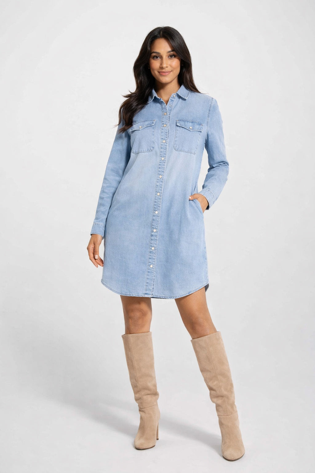 Lois – Gianna Long Sleeve Denim Shirt Dress (Light Blue Wash) - Gayle's Fashions