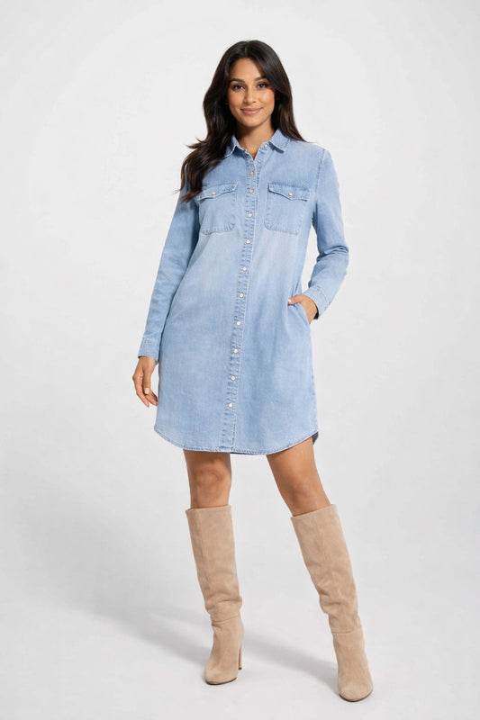 Lois – Gianna Long Sleeve Denim Shirt Dress (Light Blue Wash) - Gayle's Fashions