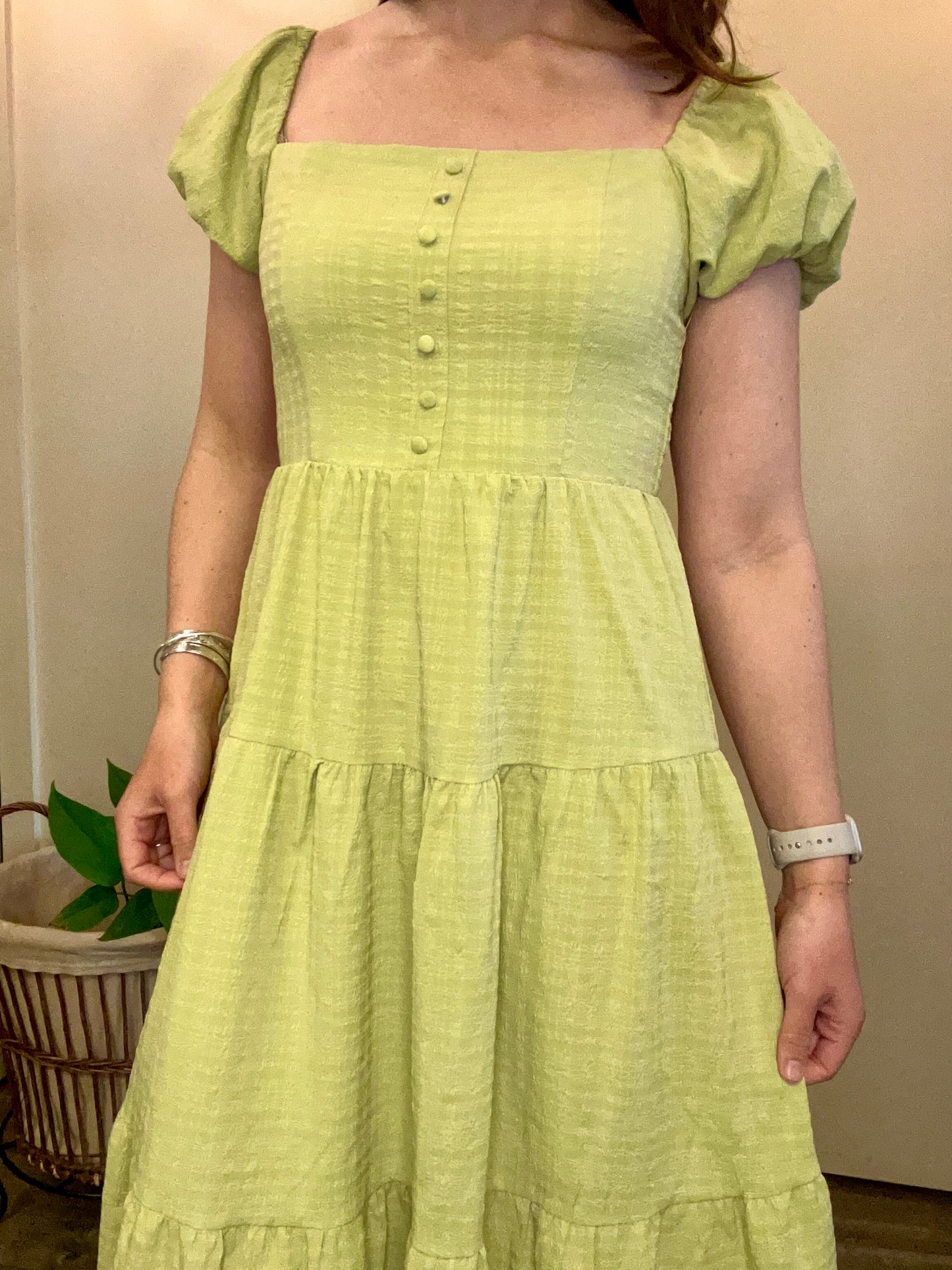 Angeleye - Tiered Midi Length Dress w/ Puff Sleeves