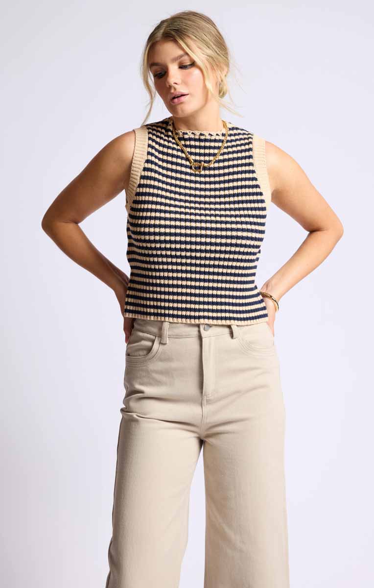 Sage the Label - Ribbed Knit Vest with Stripes & Braided Detail