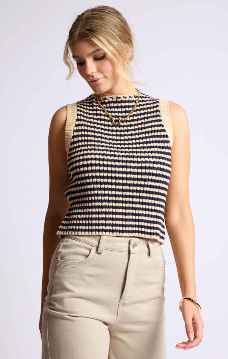 Sage the Label - Ribbed Knit Vest with Stripes & Braided Detail