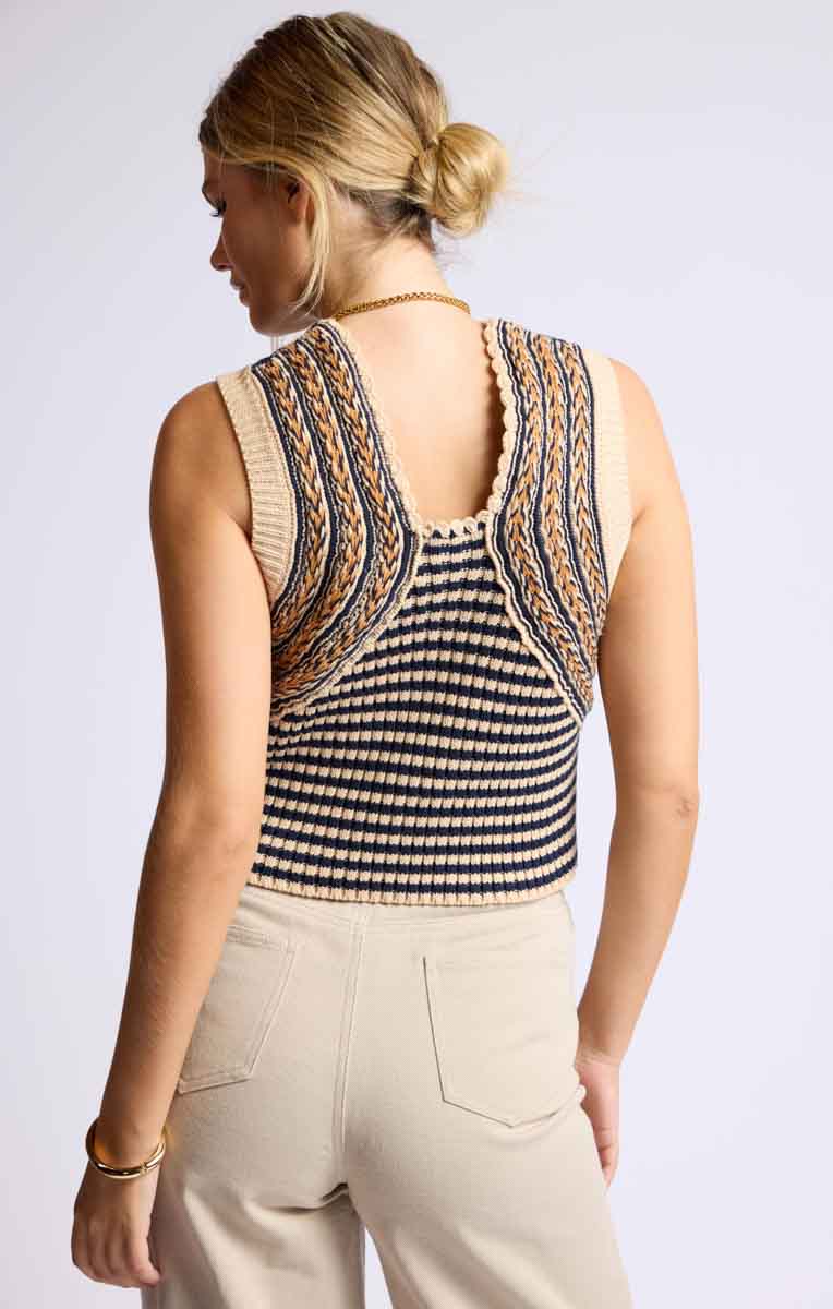 Sage the Label - Ribbed Knit Vest with Stripes & Braided Detail