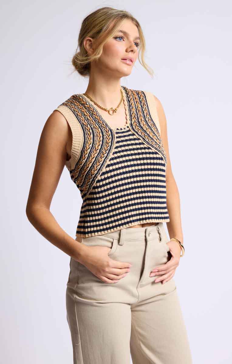 Sage the Label - Ribbed Knit Vest with Stripes & Braided Detail