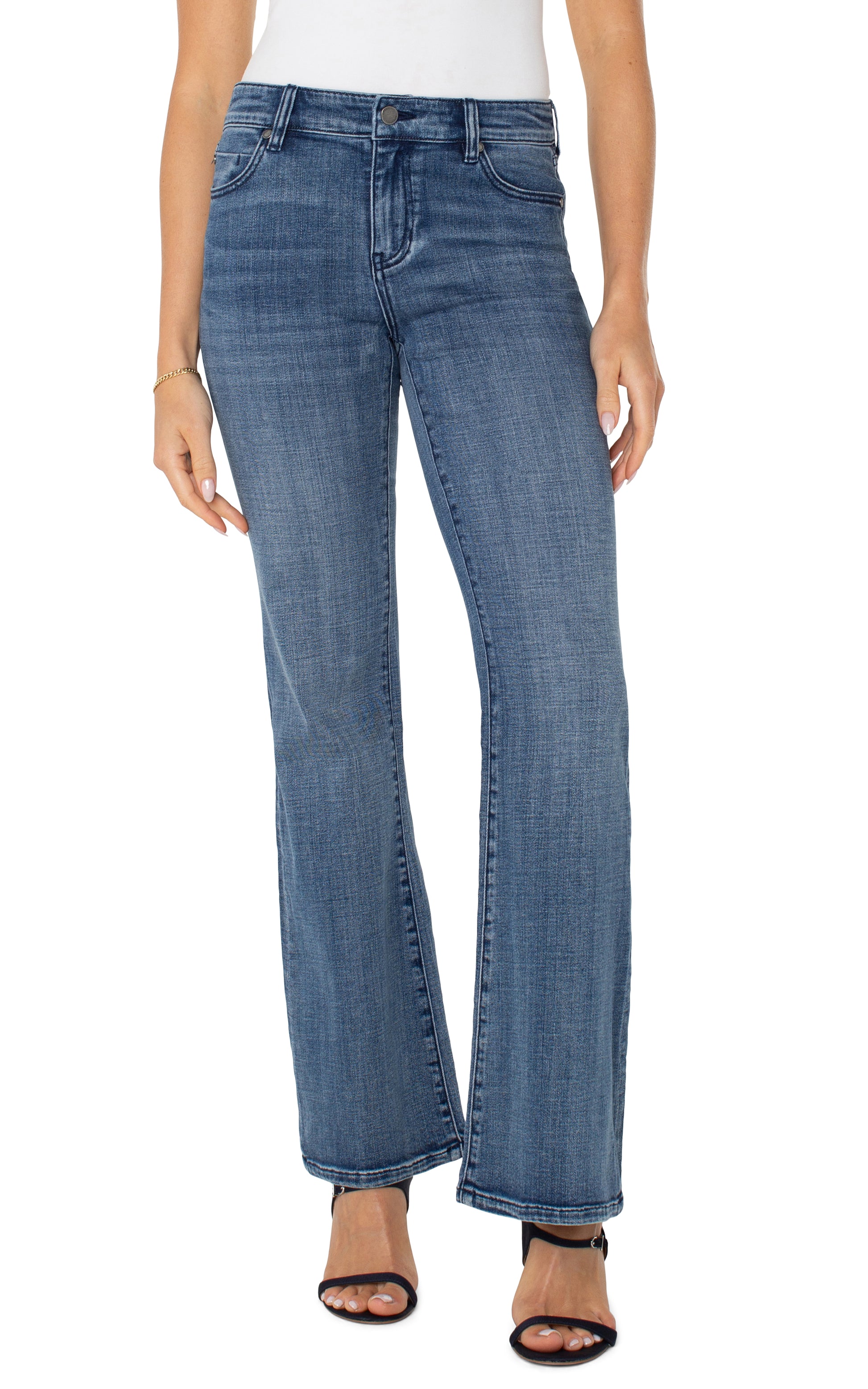 Full front view of the Liverpool Hannah Flare Jean in Jensen, featuring a high-rise waist, fitted hips, and a flattering flare leg in a medium wash.