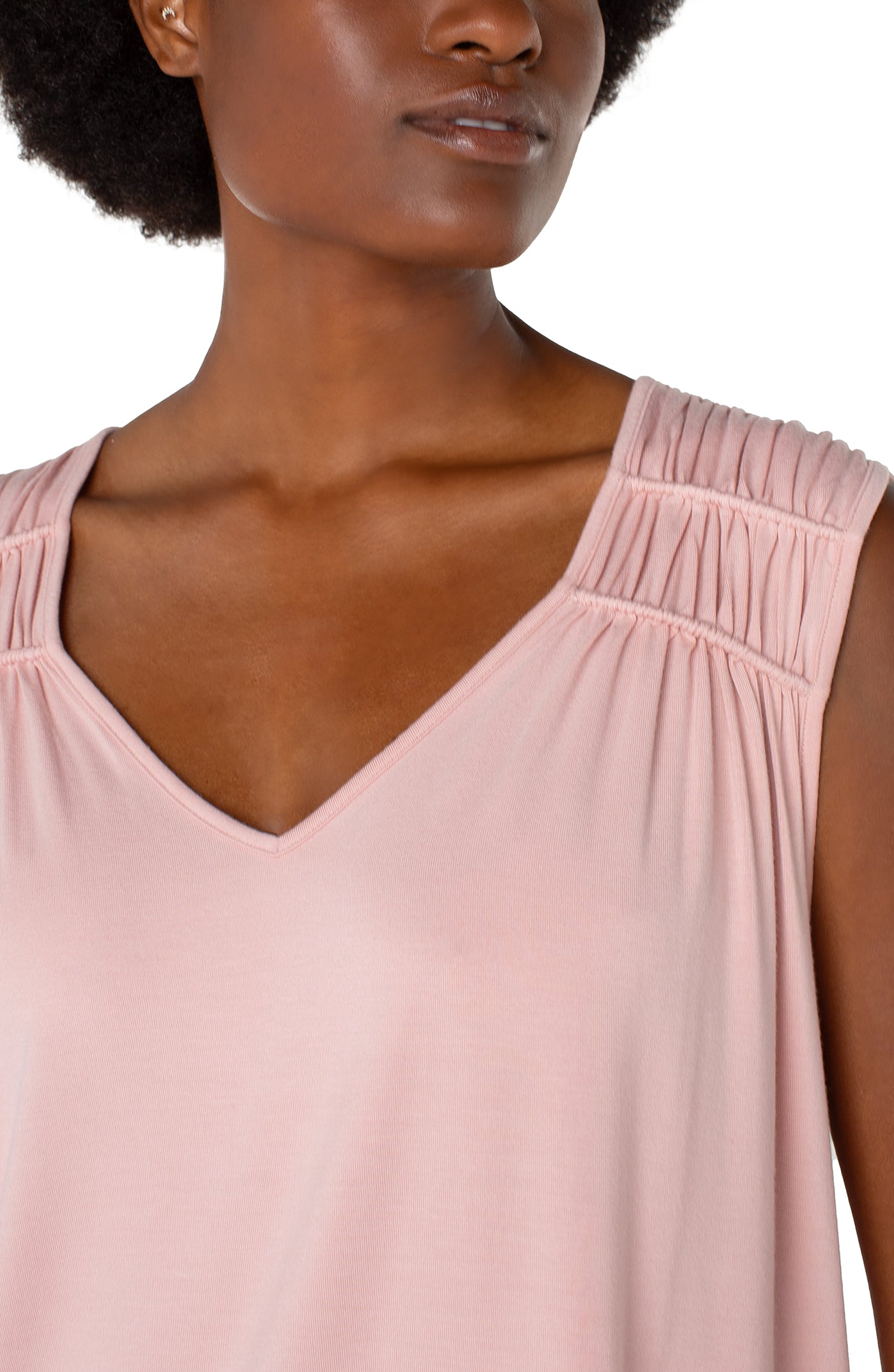 Close-up front view of the Liverpool Sleeveless Shirred Detail Knit Top in Soft Pink, highlighting the intricate shirring along the shoulders and the smooth, drapey fabric.