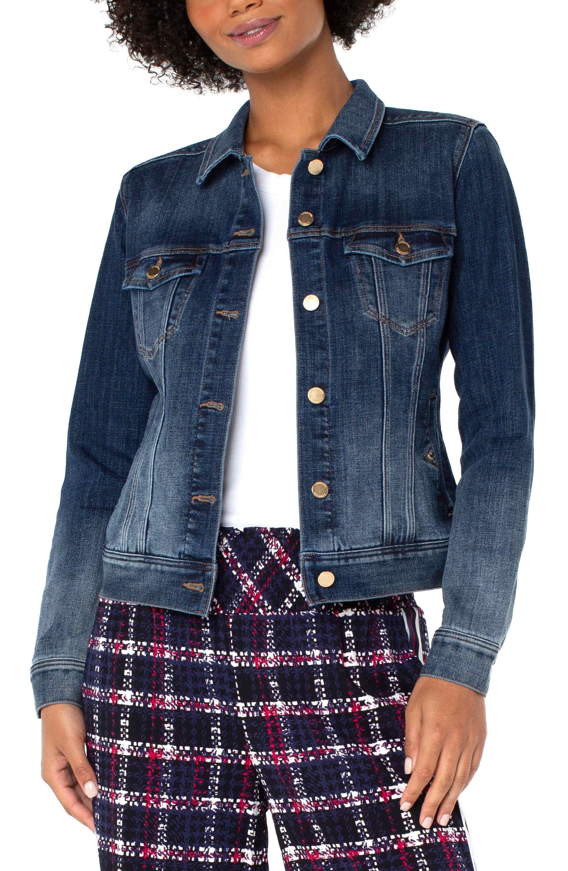 Full front view of the Liverpool Classic Jean Jacket in Glenrock, featuring double chest pockets, contrast stitching, and a slightly fitted silhouette.