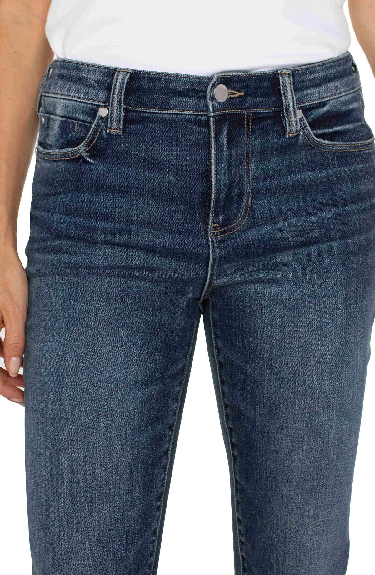 Close-up front view of the Liverpool Charlie Crop Skinny Jean in Wells, showcasing the high-rise waist, button closure, and classic five-pocket design.