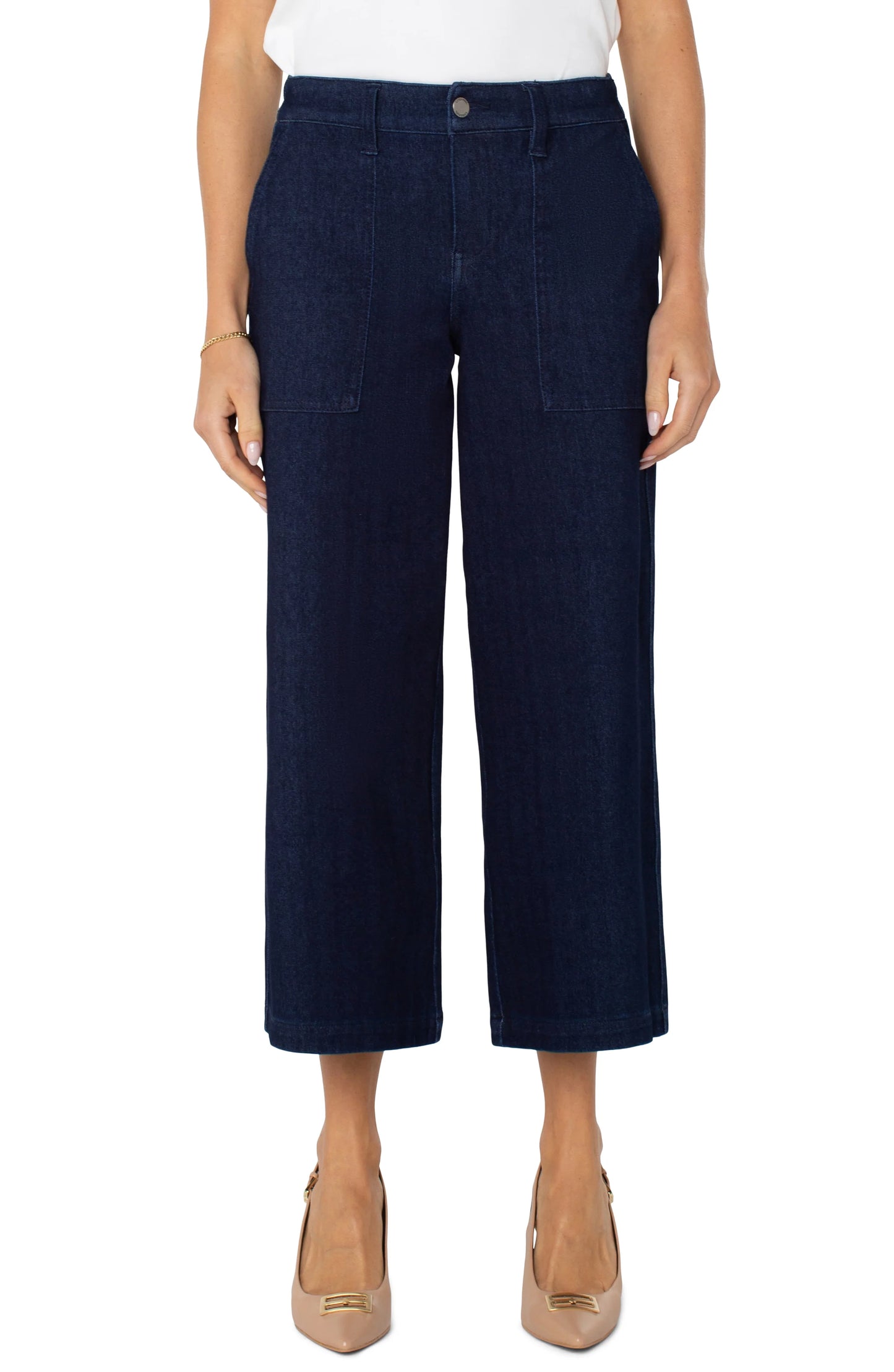 Front view of the Liverpool Wide Leg Cargo Pant in Indigo Rinse, featuring a structured wide-leg silhouette, front pockets, and a high-rise fit for a modern, polished look.