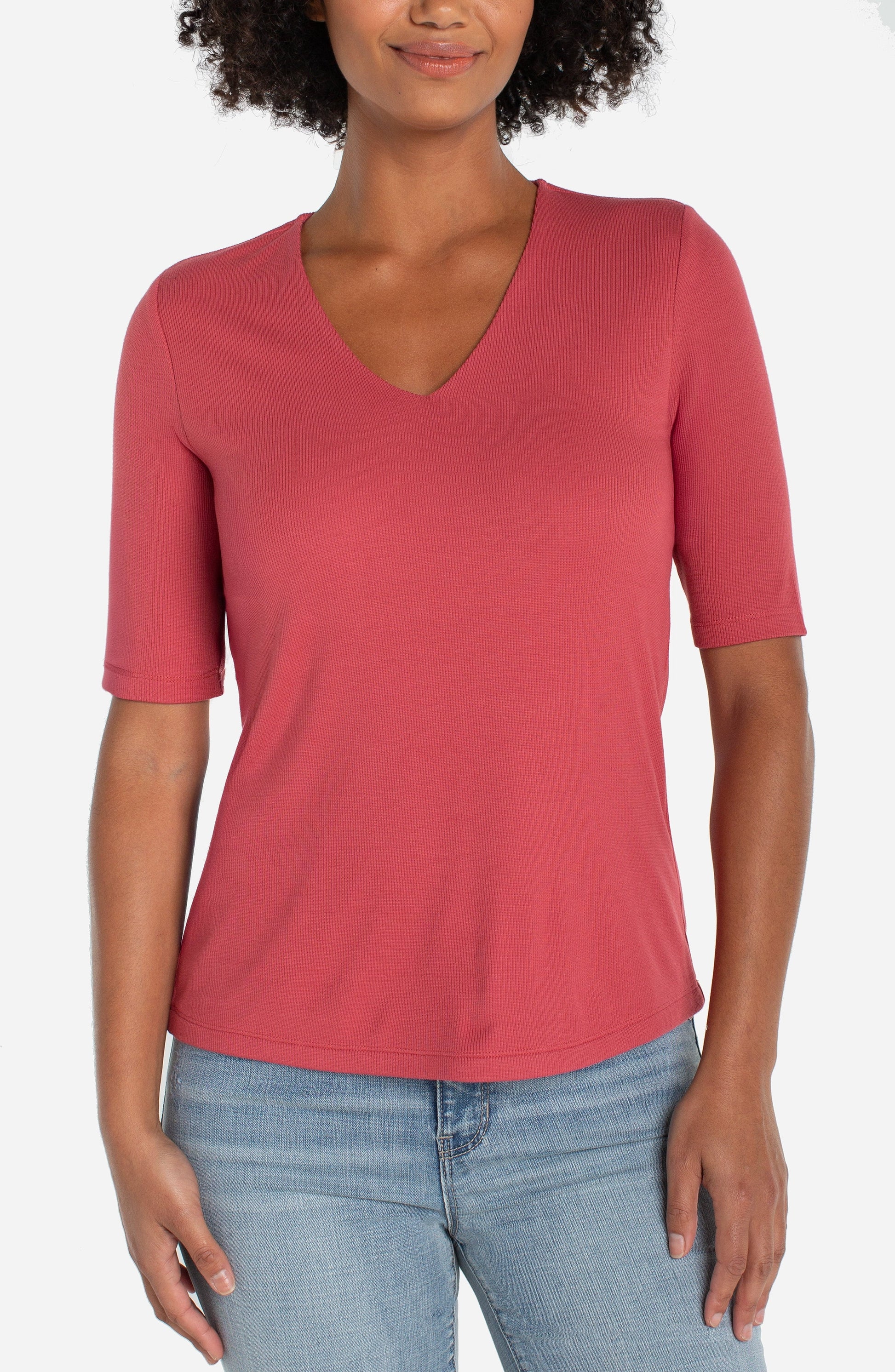Liverpool - Double Layer V-neck Rib Knit Top - Gayle's Fashions