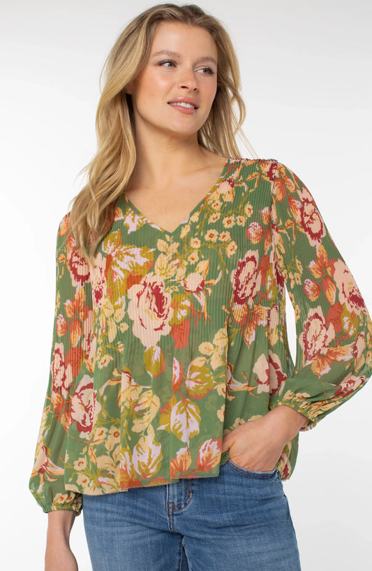 Liverpool - Long Sleeve V-neck Pleated Top