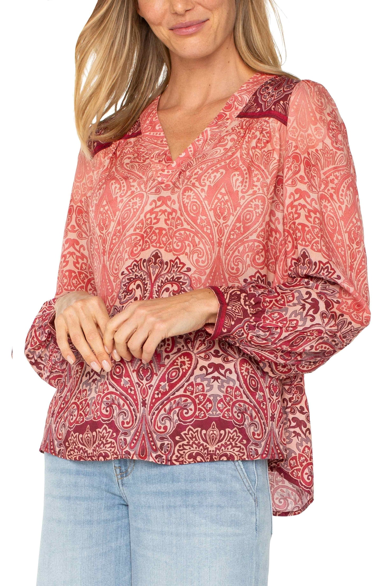 Front view of the Liverpool LS V-Neck Popover Woven Blouse in Mauve Ombre Paisley, featuring a flowy silhouette with a soft V-neckline and a beautiful ombre paisley print.