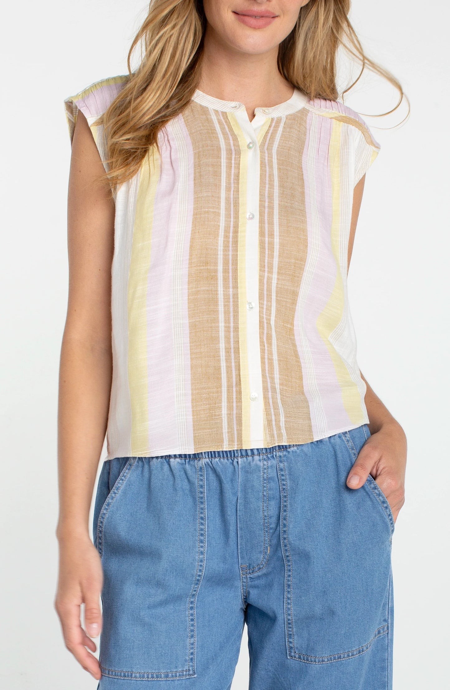 Liverpool - Dolman Button Front Woven Blouse (Neapolitan Stripe) - Gayle's Fashions